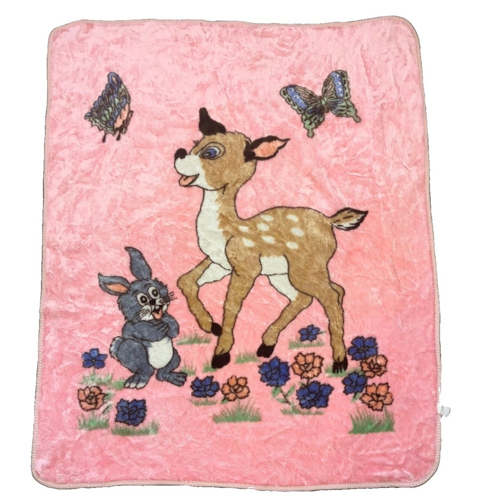 Vintage Disney Bambi & Thumper Blanket Fleece Baby Deer Rabbit Plush Pink 44x55"